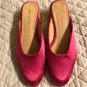 Satin Mules, Hot Pink, Wood Chunky Heel, US Size 7